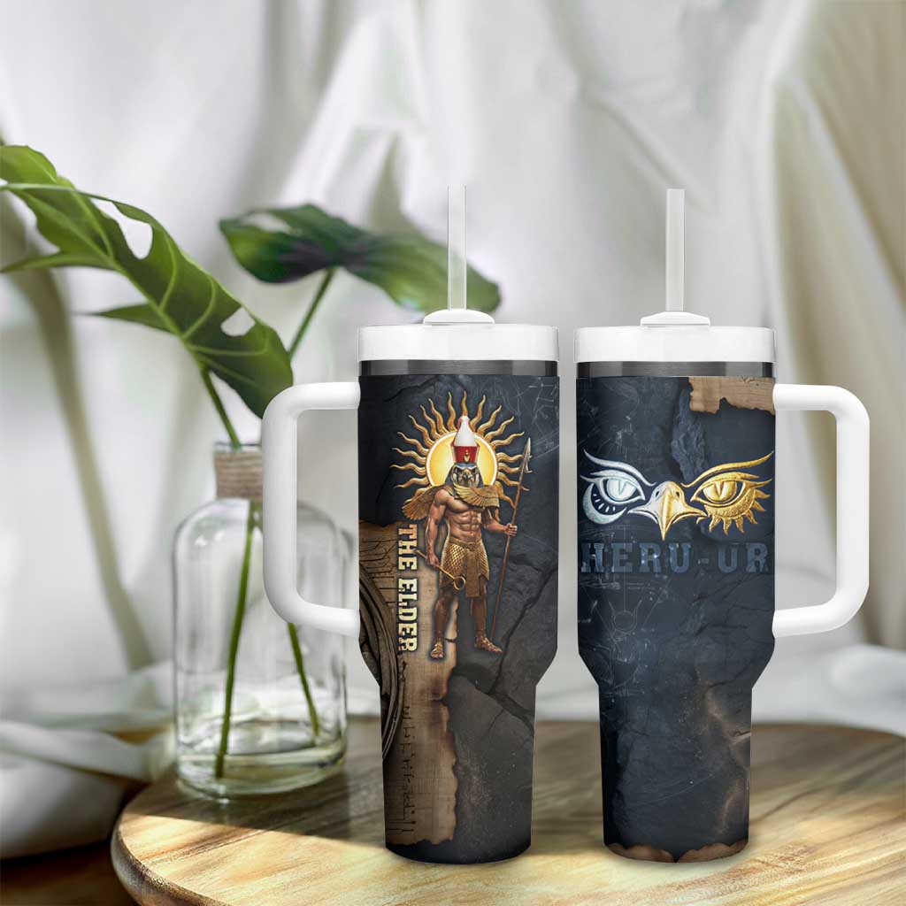 Heru-Ur Falcon Eyes Tumbler With Handle Solar Disk Ancient Egyptian Mythology in Dark Stone