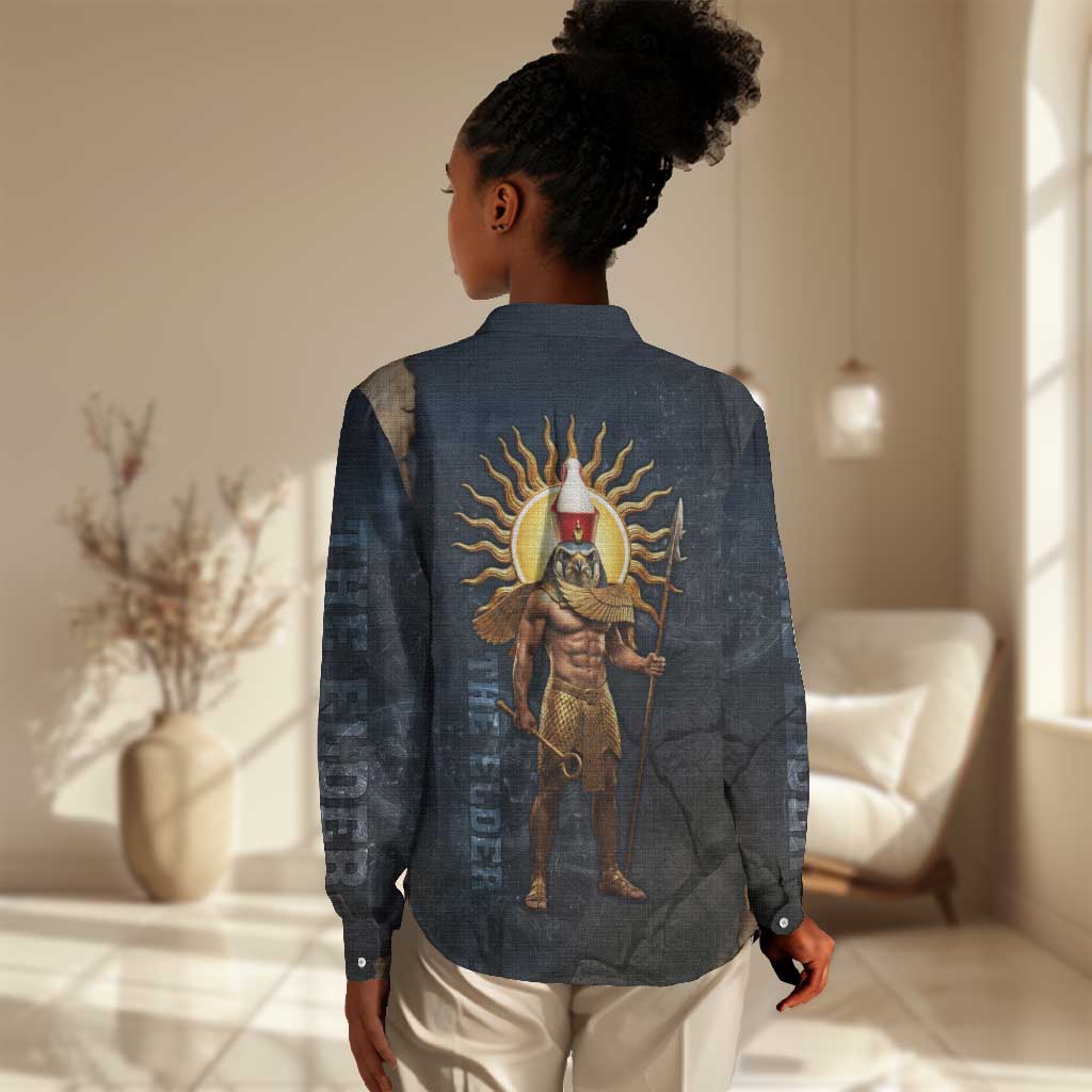 Heru-Ur Falcon Eyes Women Casual Shirt Solar Disk Ancient Egyptian Mythology in Dark Stone