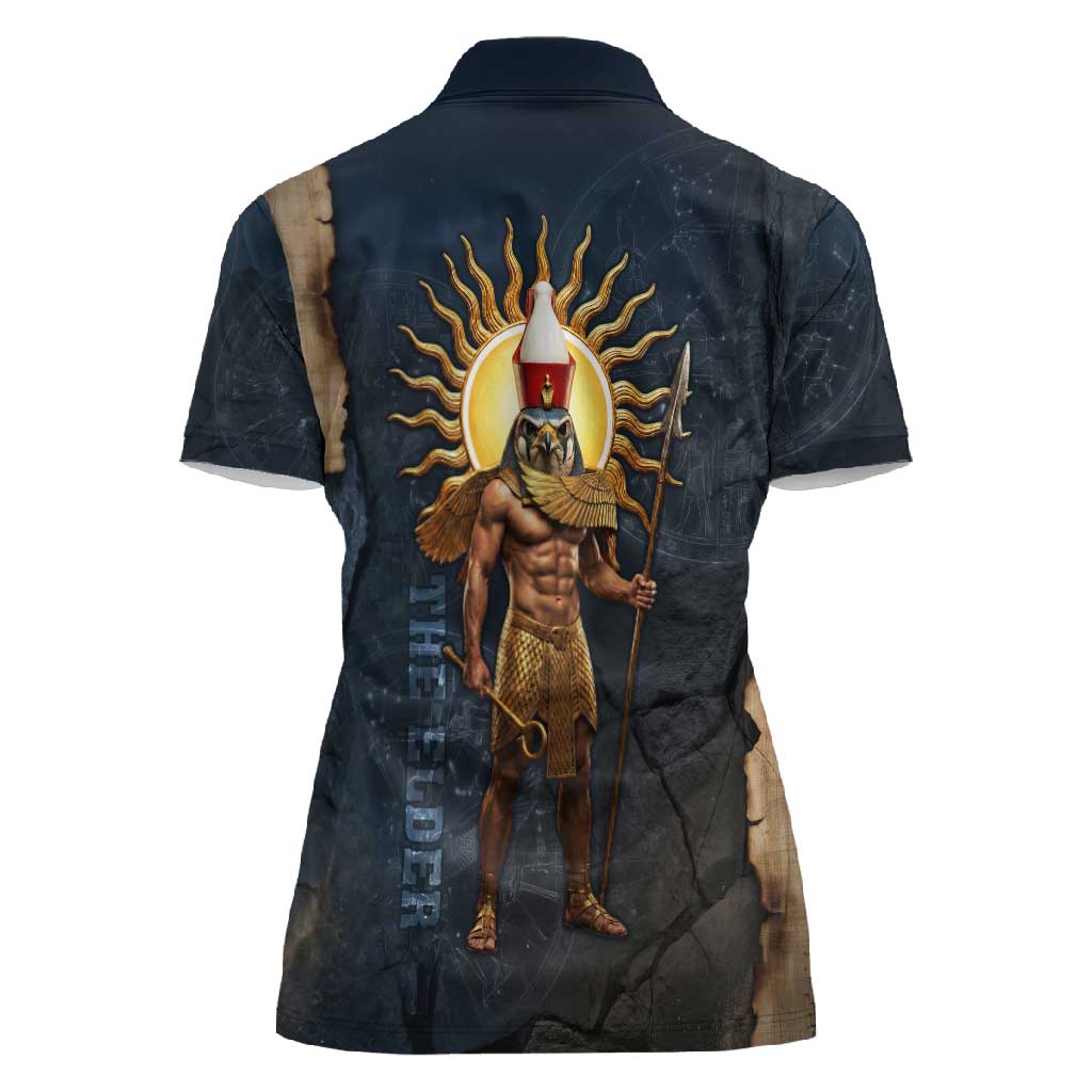 Heru-Ur Falcon Eyes Women Polo Shirt Solar Disk Ancient Egyptian Mythology in Dark Stone