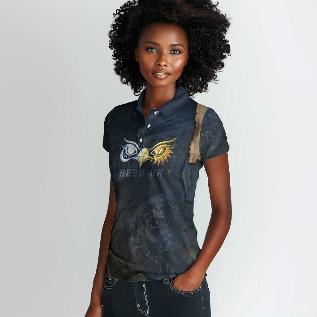 Heru-Ur Falcon Eyes Women Polo Shirt Solar Disk Ancient Egyptian Mythology in Dark Stone