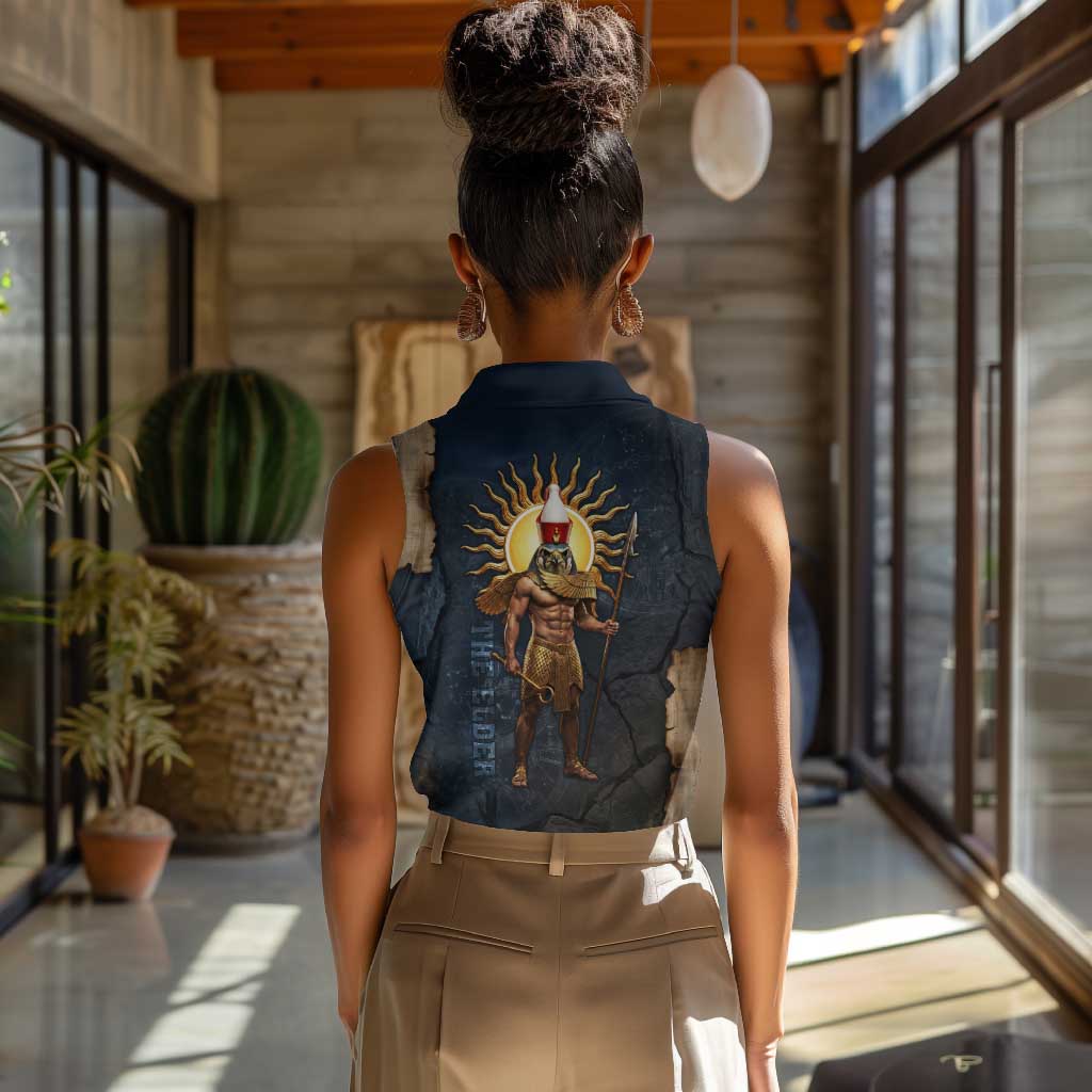 Heru-Ur Falcon Eyes Women Sleeveless Polo Shirt Solar Disk Ancient Egyptian Mythology in Dark Stone