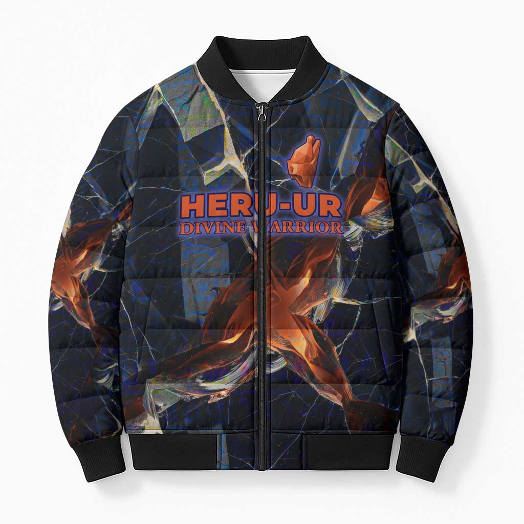Heru-Ur Bomber Puffer Jacket Flaming Wings and Sword Ancient Egyptian Warrior