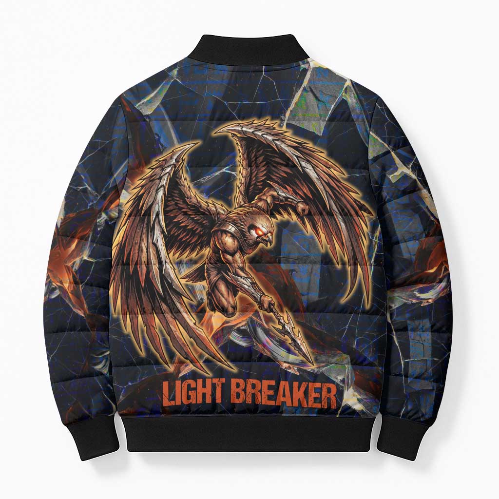 Heru-Ur Bomber Puffer Jacket Flaming Wings and Sword Ancient Egyptian Warrior