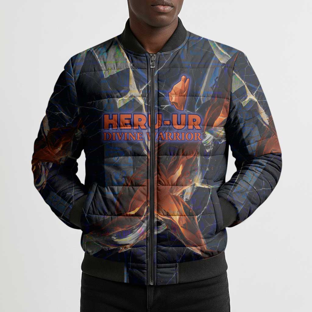 Heru-Ur Bomber Puffer Jacket Flaming Wings and Sword Ancient Egyptian Warrior