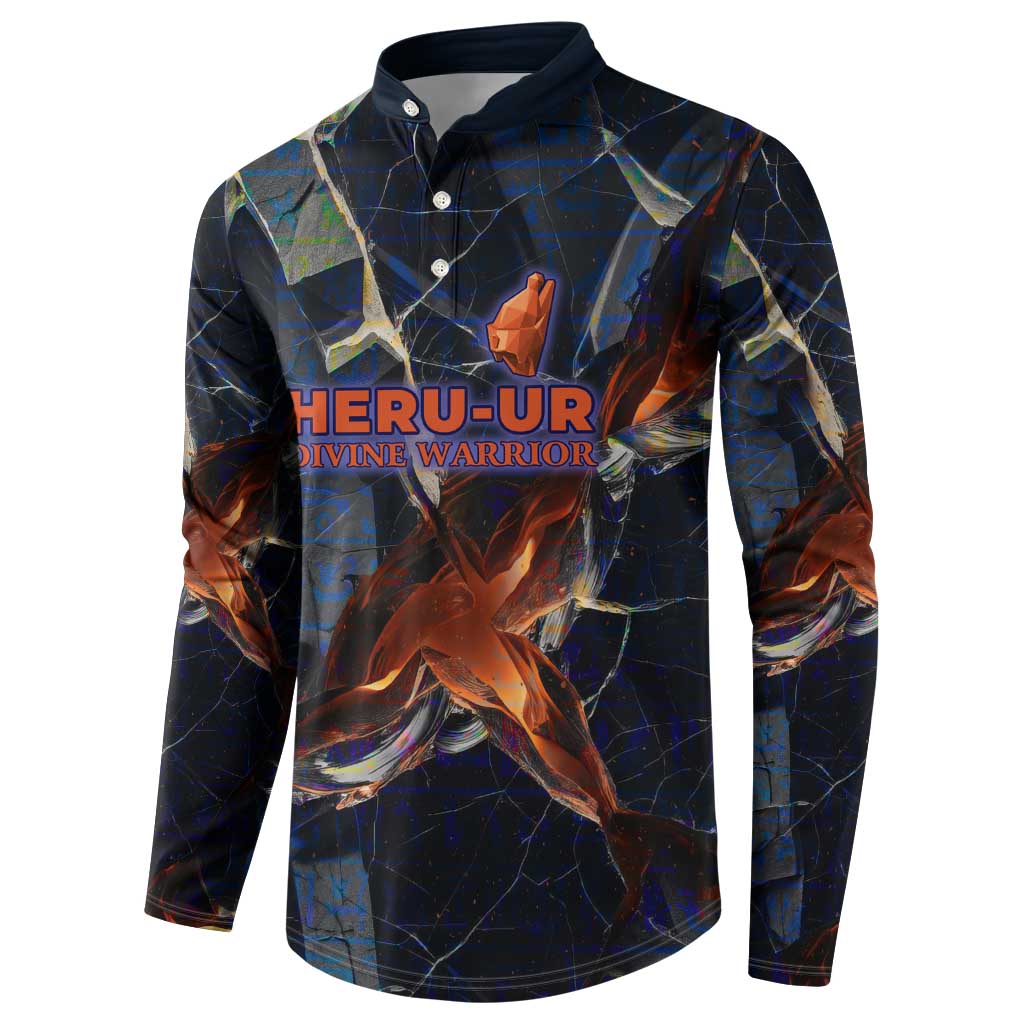 Heru-Ur Button Sweatshirt Flaming Wings and Sword Ancient Egyptian Warrior