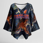 Heru-Ur Kimono Sleeve Blouse Flaming Wings and Sword Ancient Egyptian Warrior