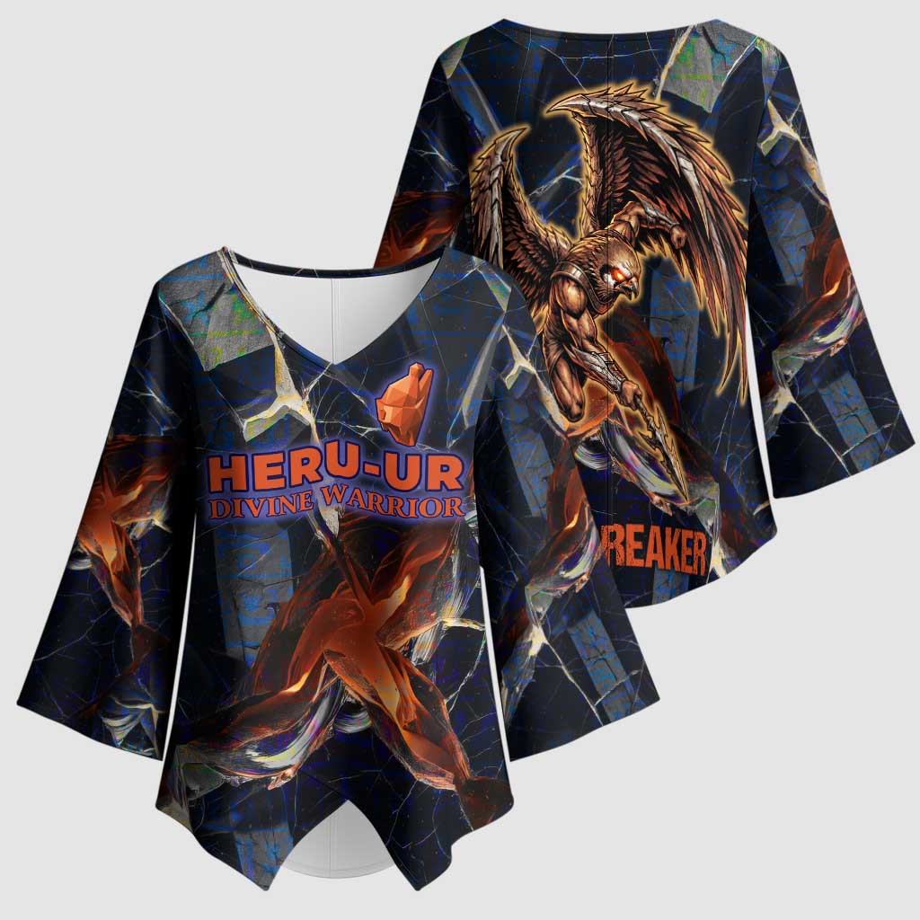 Heru-Ur Kimono Sleeve Blouse Flaming Wings and Sword Ancient Egyptian Warrior