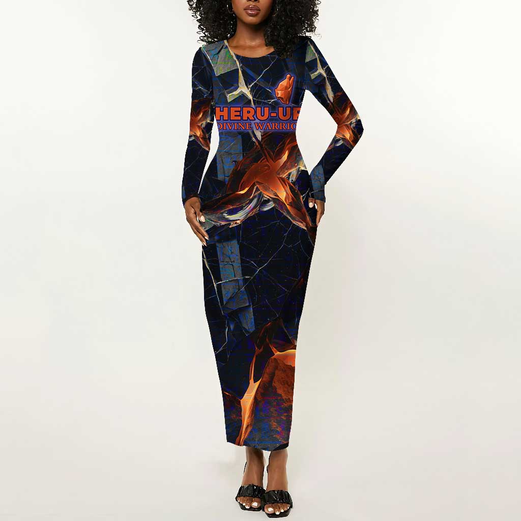 Heru-Ur Long Sleeve Bodycon Dress Flaming Wings and Sword Ancient Egyptian Warrior