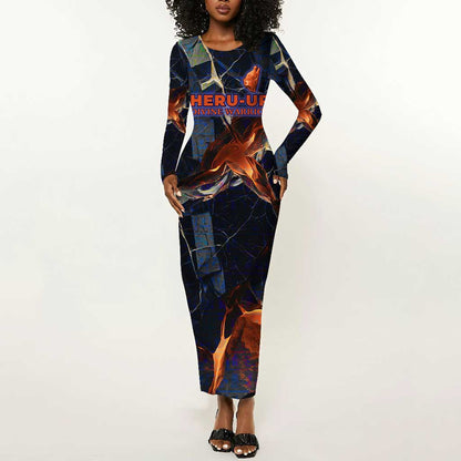 Heru-Ur Long Sleeve Bodycon Dress Flaming Wings and Sword Ancient Egyptian Warrior
