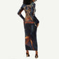 Heru-Ur Long Sleeve Bodycon Dress Flaming Wings and Sword Ancient Egyptian Warrior