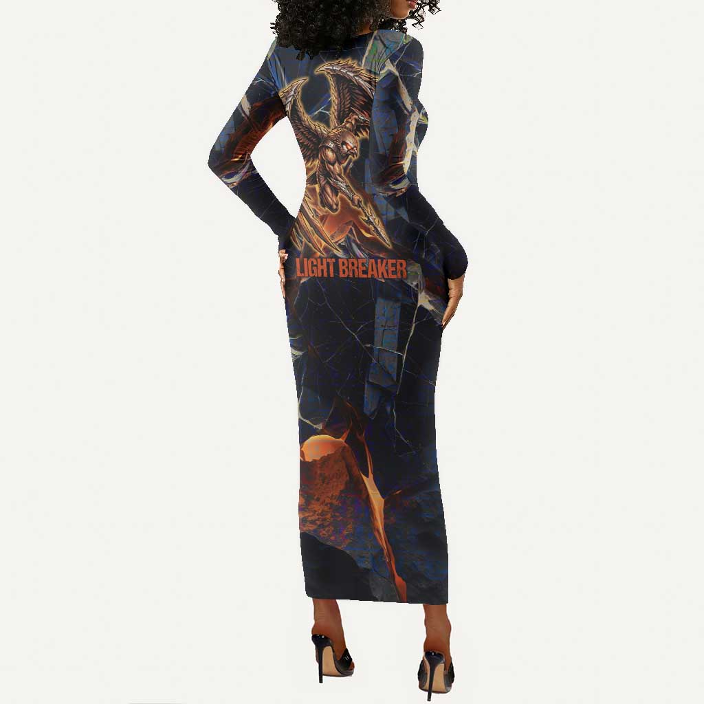 Heru-Ur Long Sleeve Bodycon Dress Flaming Wings and Sword Ancient Egyptian Warrior