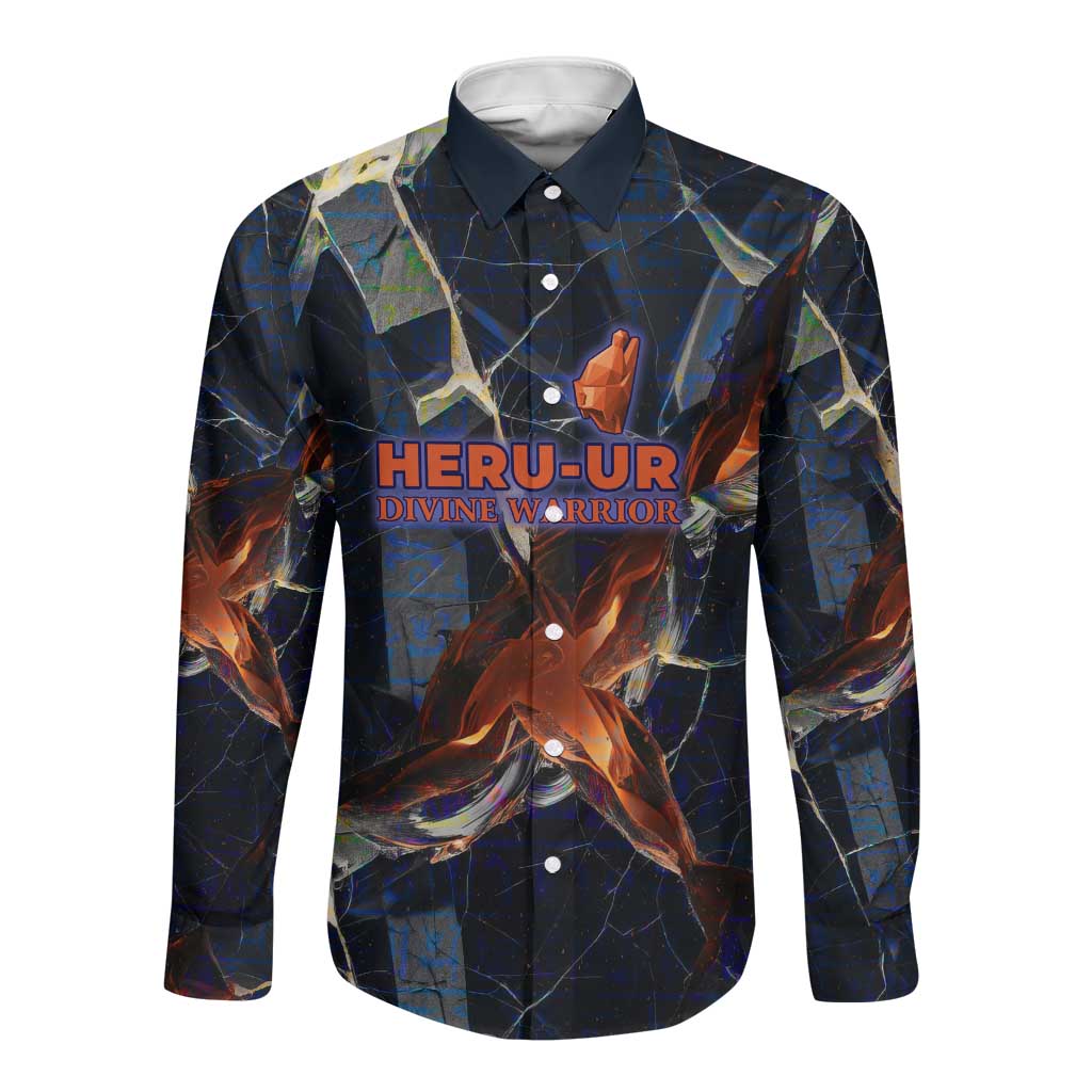 Heru-Ur Long Sleeve Button Shirt Flaming Wings and Sword Ancient Egyptian Warrior