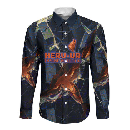 Heru-Ur Long Sleeve Button Shirt Flaming Wings and Sword Ancient Egyptian Warrior