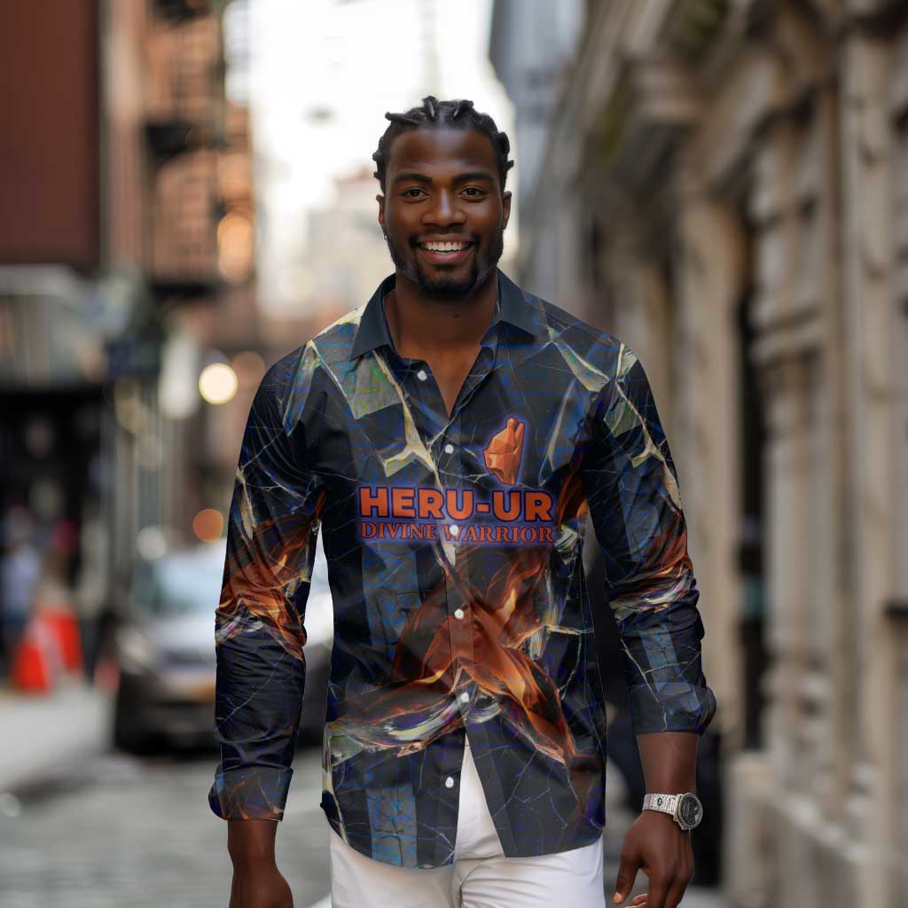 Heru-Ur Long Sleeve Button Shirt Flaming Wings and Sword Ancient Egyptian Warrior