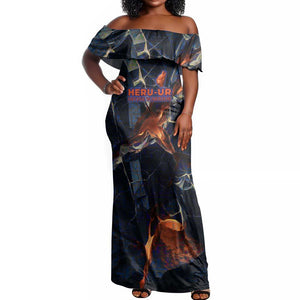 Heru-Ur Off Shoulder Maxi Dress Flaming Wings and Sword Ancient Egyptian Warrior