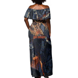 Heru-Ur Off Shoulder Maxi Dress Flaming Wings and Sword Ancient Egyptian Warrior