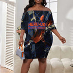 Heru-Ur Off Shoulder Short Dress Flaming Wings and Sword Ancient Egyptian Warrior