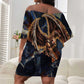 Heru-Ur Off Shoulder Short Dress Flaming Wings and Sword Ancient Egyptian Warrior
