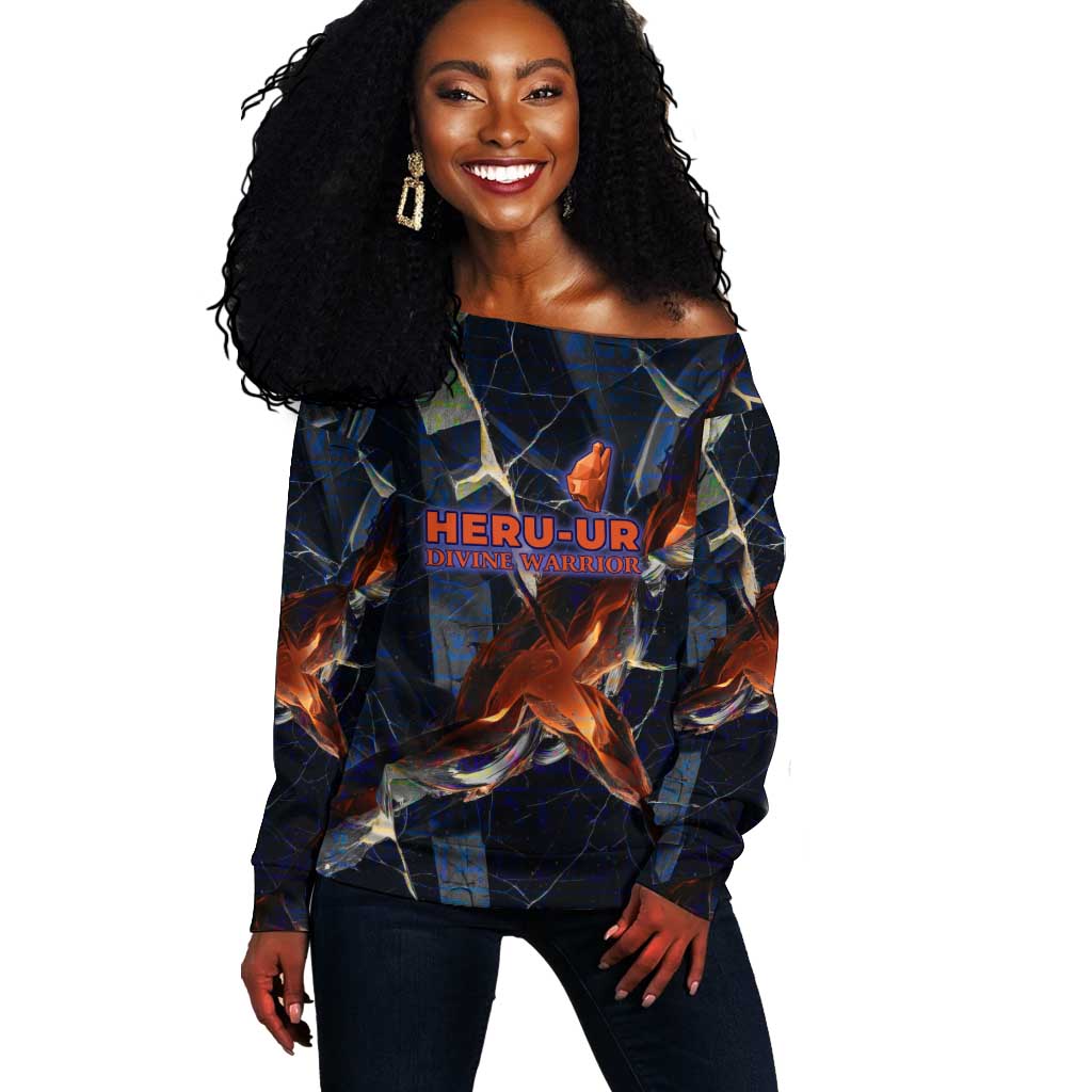 Heru-Ur Off Shoulder Sweater Flaming Wings and Sword Ancient Egyptian Warrior