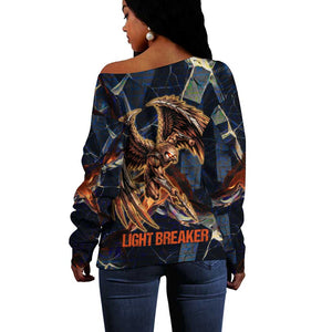 Heru-Ur Off Shoulder Sweater Flaming Wings and Sword Ancient Egyptian Warrior