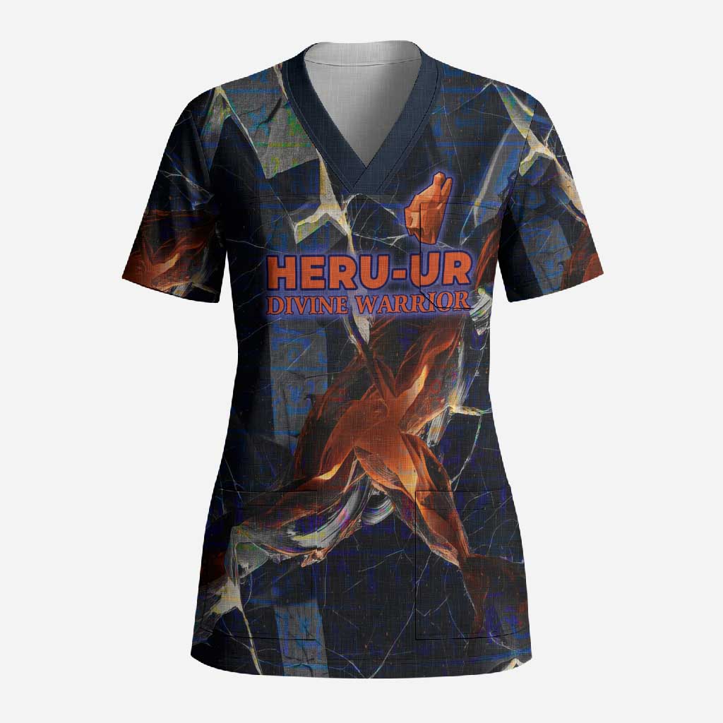 Heru-Ur Scrub Top Flaming Wings and Sword Ancient Egyptian Warrior
