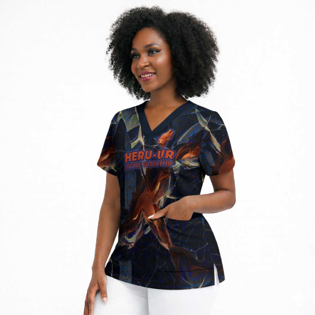 Heru-Ur Scrub Top Flaming Wings and Sword Ancient Egyptian Warrior
