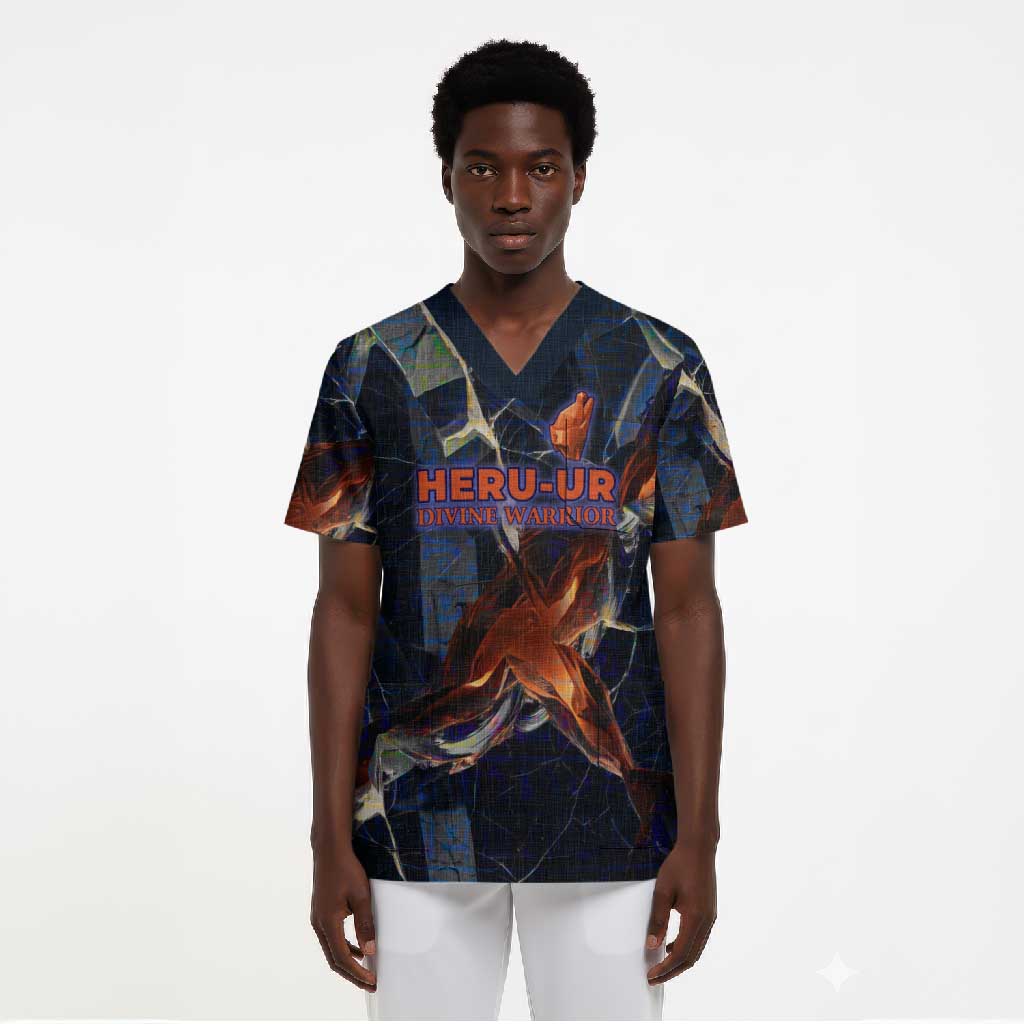 Heru-Ur Scrub Top Flaming Wings and Sword Ancient Egyptian Warrior