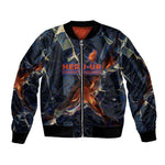 Heru-Ur Sleeve Zip Bomber Jacket Flaming Wings and Sword Ancient Egyptian Warrior