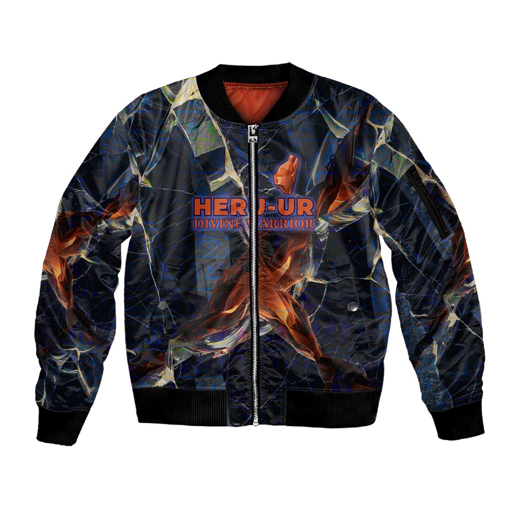Heru-Ur Sleeve Zip Bomber Jacket Flaming Wings and Sword Ancient Egyptian Warrior