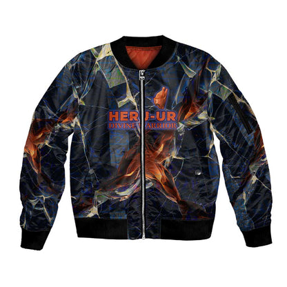 Heru-Ur Sleeve Zip Bomber Jacket Flaming Wings and Sword Ancient Egyptian Warrior