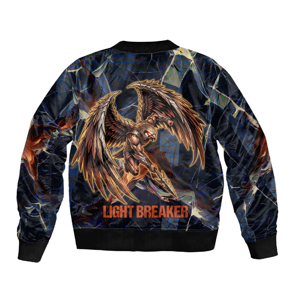 Heru-Ur Sleeve Zip Bomber Jacket Flaming Wings and Sword Ancient Egyptian Warrior