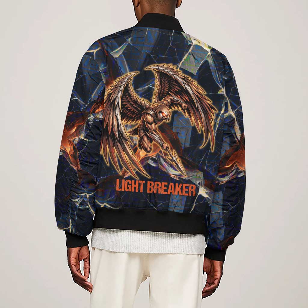 Heru-Ur Sleeve Zip Bomber Jacket Flaming Wings and Sword Ancient Egyptian Warrior