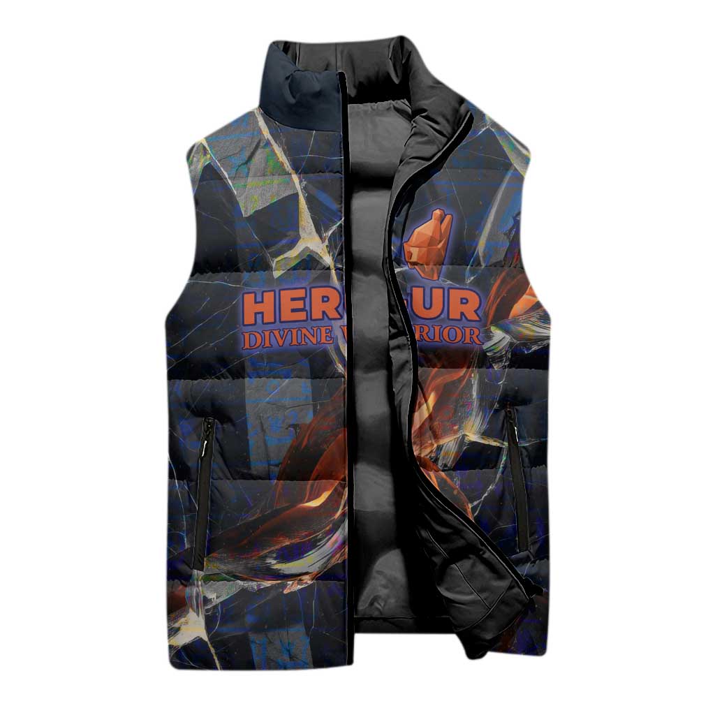 Heru-Ur Sleeveless Puffer Jacket Flaming Wings and Sword Ancient Egyptian Warrior