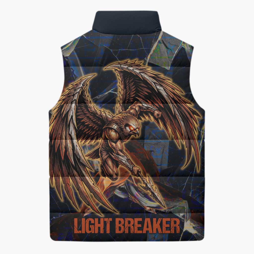 Heru-Ur Sleeveless Puffer Jacket Flaming Wings and Sword Ancient Egyptian Warrior