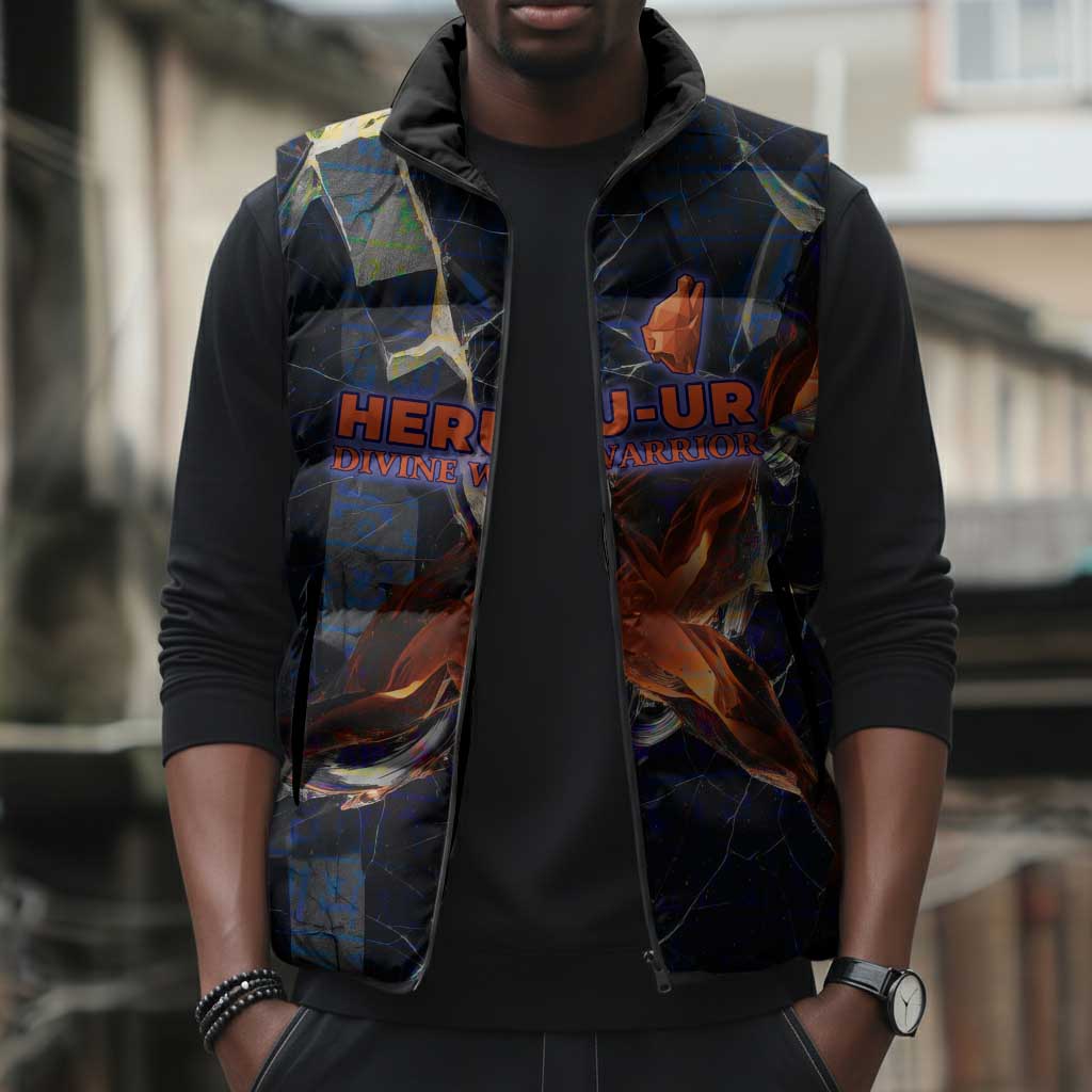 Heru-Ur Sleeveless Puffer Jacket Flaming Wings and Sword Ancient Egyptian Warrior