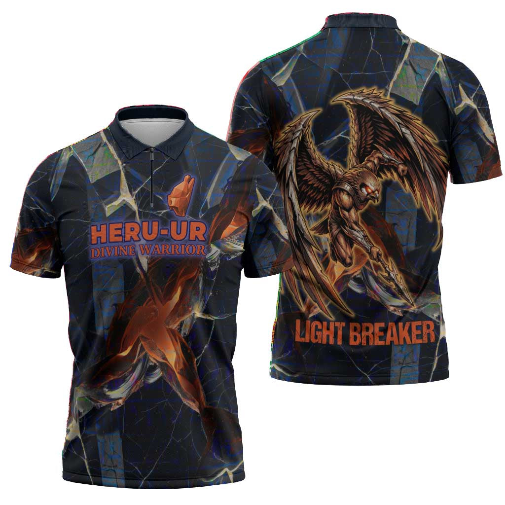Heru-Ur Zipper Polo Shirt Flaming Wings and Sword Ancient Egyptian Warrior