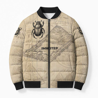 Imhotep Bomber Puffer Jacket Pyramid Blueprints Ancient Egyptian Architecture and Priest