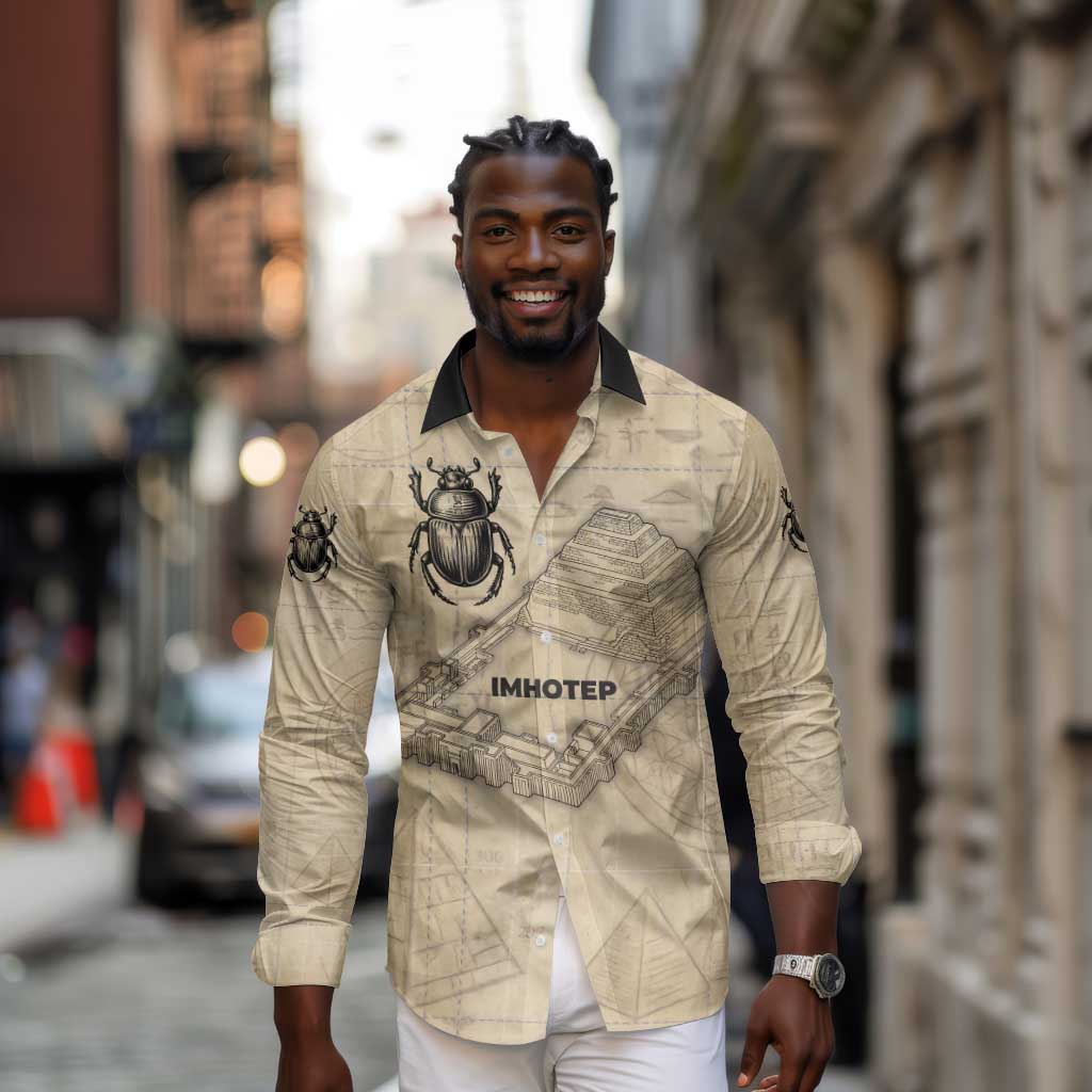 Imhotep Long Sleeve Button Shirt Pyramid Blueprints Ancient Egyptian Architecture and Priest