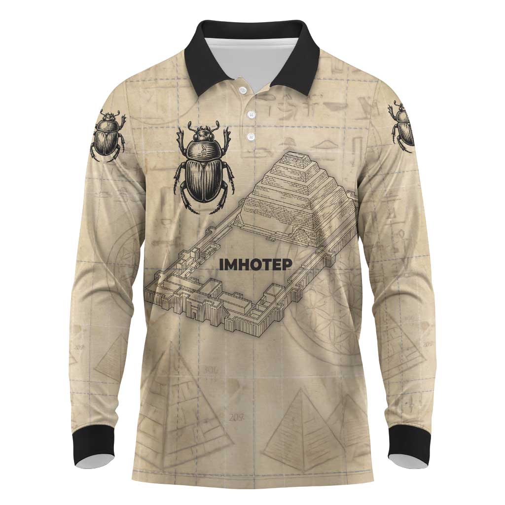 Imhotep Long Sleeve Polo Shirt Pyramid Blueprints Ancient Egyptian Architecture and Priest