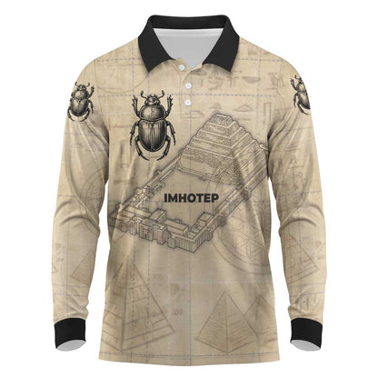 Imhotep Long Sleeve Polo Shirt Pyramid Blueprints Ancient Egyptian Architecture and Priest