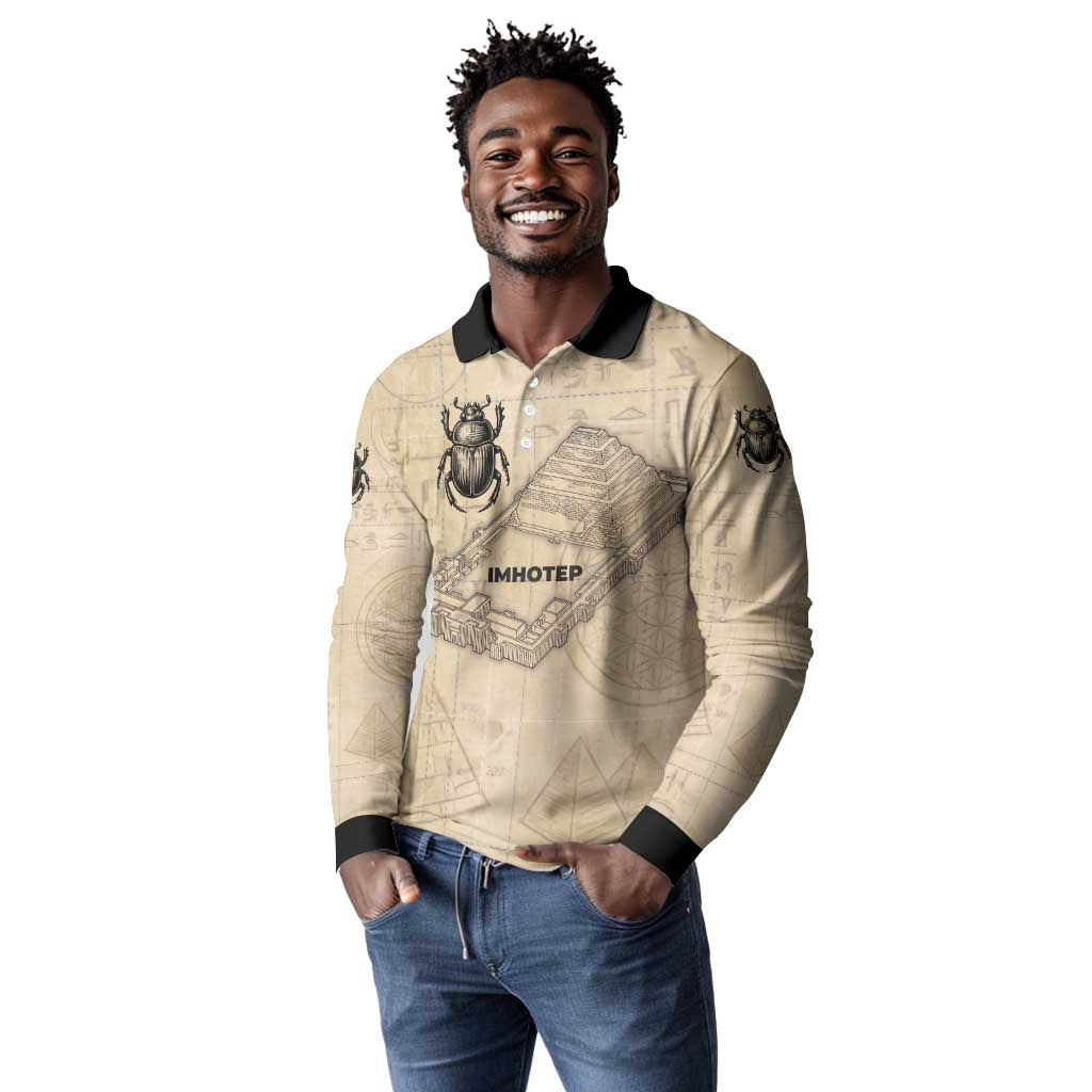 Imhotep Long Sleeve Polo Shirt Pyramid Blueprints Ancient Egyptian Architecture and Priest