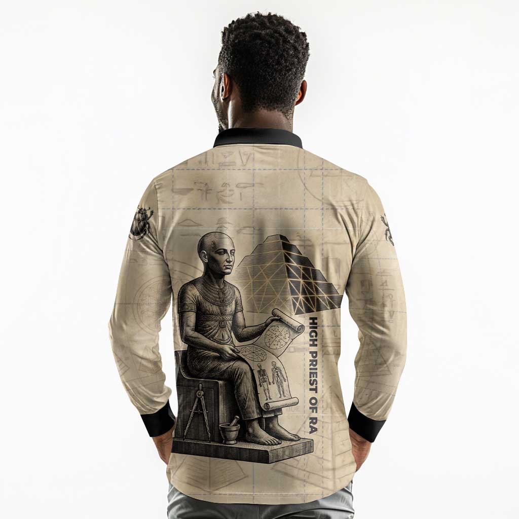Imhotep Long Sleeve Polo Shirt Pyramid Blueprints Ancient Egyptian Architecture and Priest