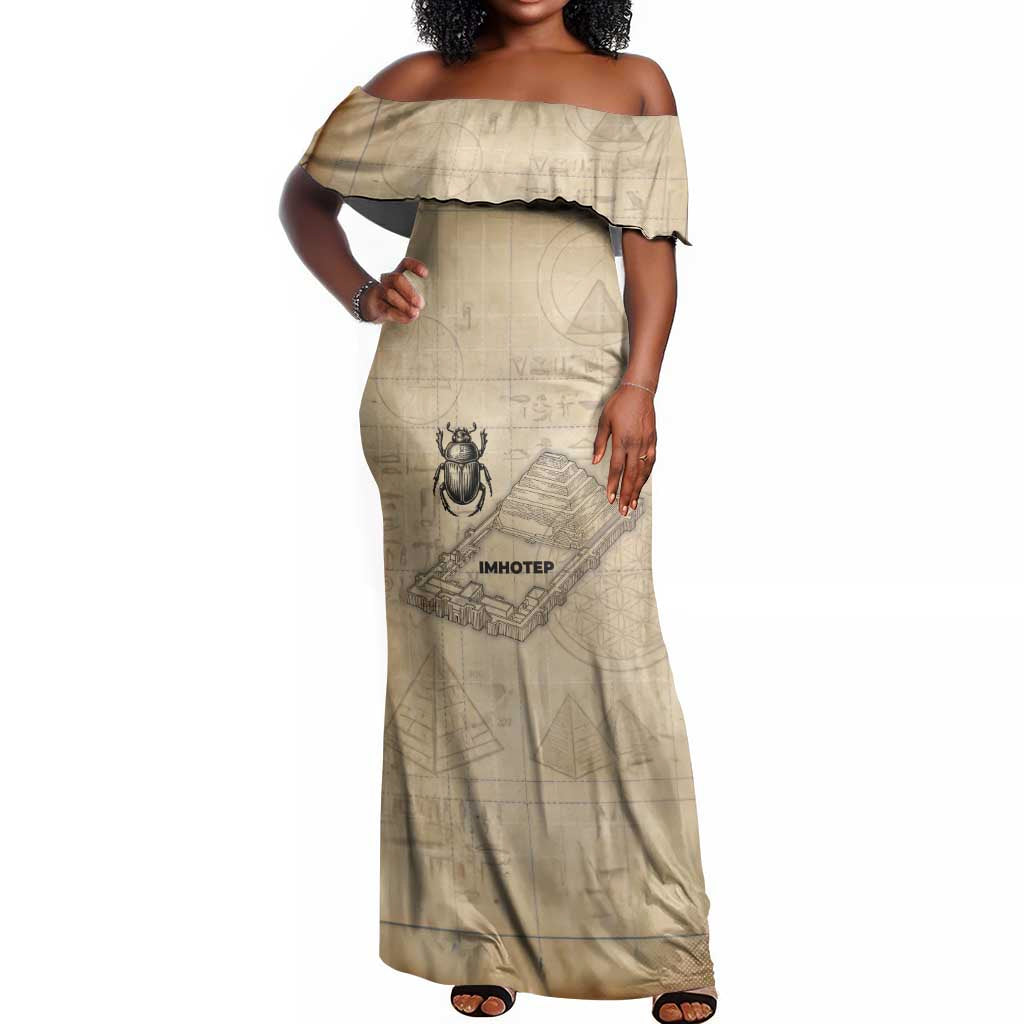 Imhotep Off Shoulder Maxi Dress Pyramid Blueprints Ancient Egyptian Architecture and Priest
