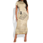 Imhotep Short Sleeve Bodycon Dress Pyramid Blueprints Ancient Egyptian Architecture and Priest