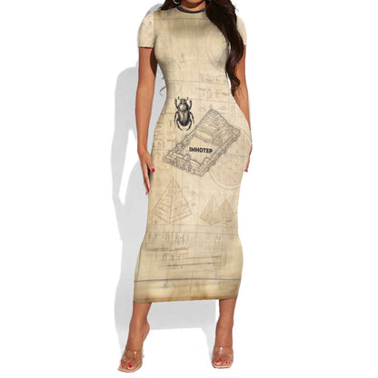 Imhotep Short Sleeve Bodycon Dress Pyramid Blueprints Ancient Egyptian Architecture and Priest