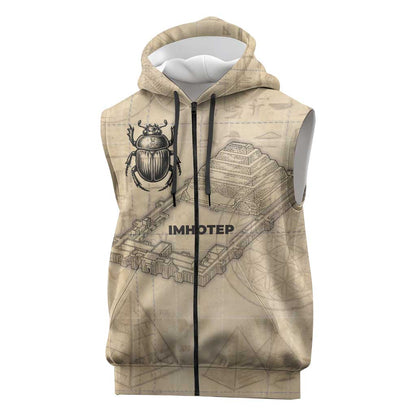 Imhotep Sleeveless Zip Hoodie Pyramid Blueprints Ancient Egyptian Architecture and Priest