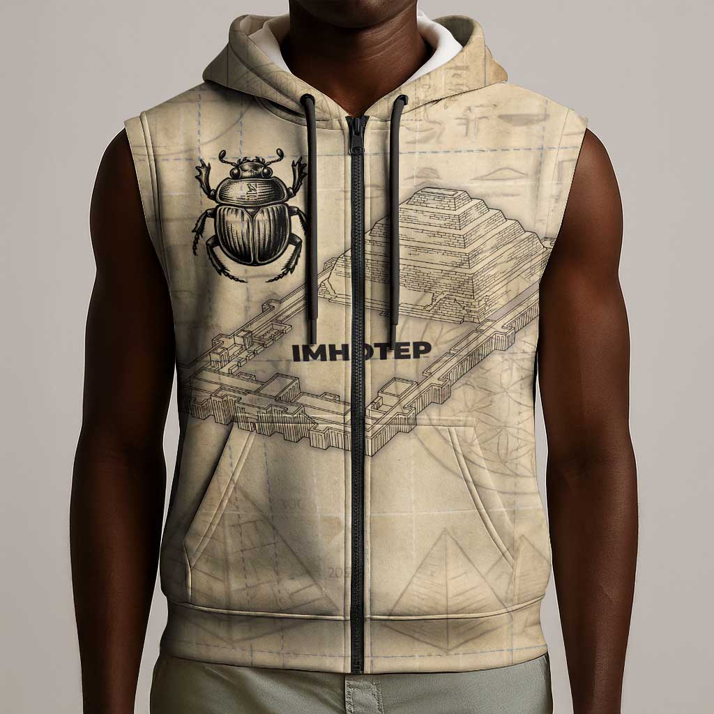 Imhotep Sleeveless Zip Hoodie Pyramid Blueprints Ancient Egyptian Architecture and Priest