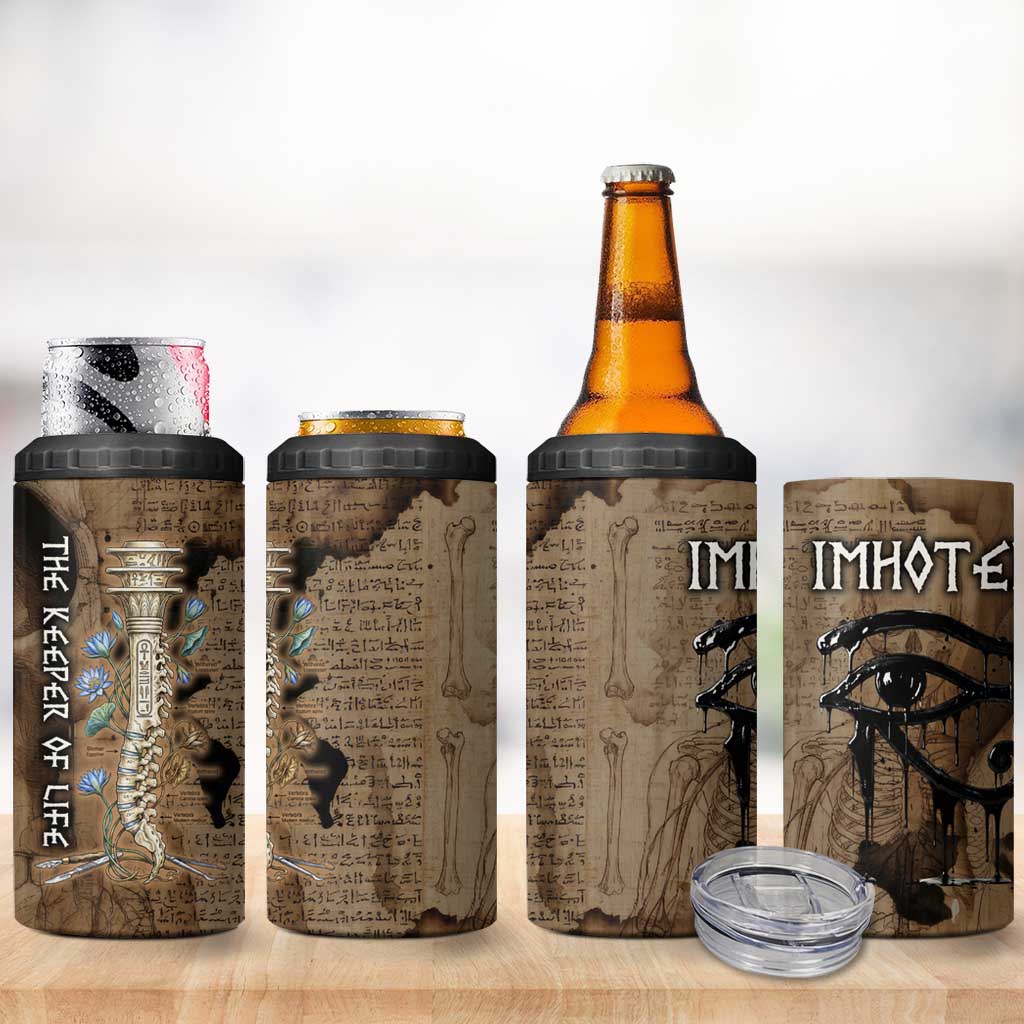 Imhotep Eye of Horus 4 in 1 Can Cooler Tumbler Papyrus Scrolls Ancient Egyptian Medicine