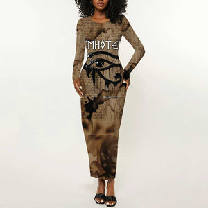 Imhotep Eye of Horus Long Sleeve Bodycon Dress Papyrus Scrolls Ancient Egyptian Medicine