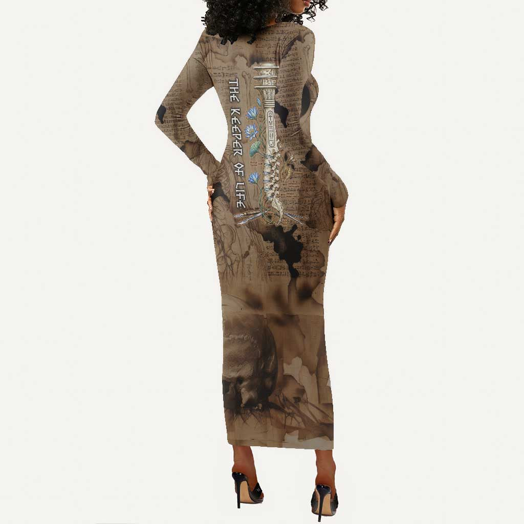 Imhotep Eye of Horus Long Sleeve Bodycon Dress Papyrus Scrolls Ancient Egyptian Medicine
